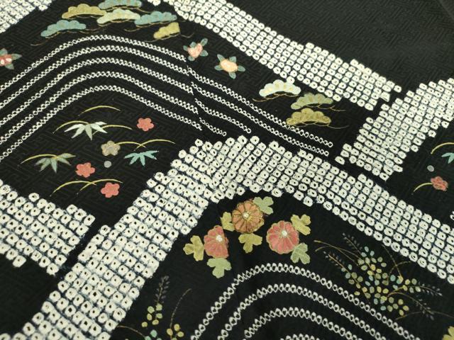 平和屋着物●訪問着 絞り 流水松竹梅 黒地 金彩 正絹 逸品 DABF7895ps