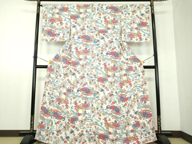 平和屋着物●上質な小紋 型染 立波花鳥文 貝殻 鬼しぼ縮緬 正絹 逸品 DABF7900ps
