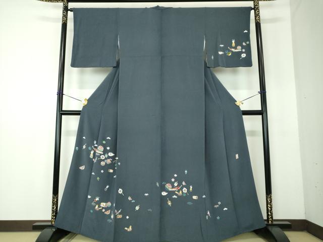 平和屋着物●日本工芸会正会員 東京手描友禅作家 生駒暉夫 訪問着 玩具文様 鬼しぼ縮緬 正絹 逸品 DABF7924ps