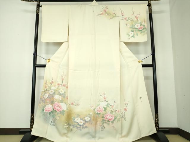 平和屋着物●京友禅の第一人者 松井青々 訪問着 枝梅 椿 牡丹 暈し染め 金彩 正絹 逸品 DABF7935ps