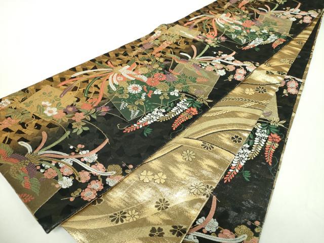 平和屋着物▼両面 六通柄袋帯 色紙重ね鳳凰花文 正絹 逸品 DABF7982ps