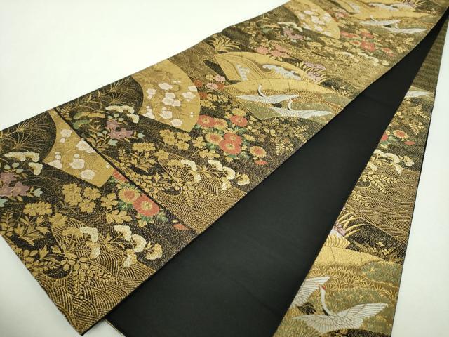 平和屋着物▼六通柄袋帯 地紙立波飛鶴花文 金糸 正絹 逸品 未使用 DABF7983ps