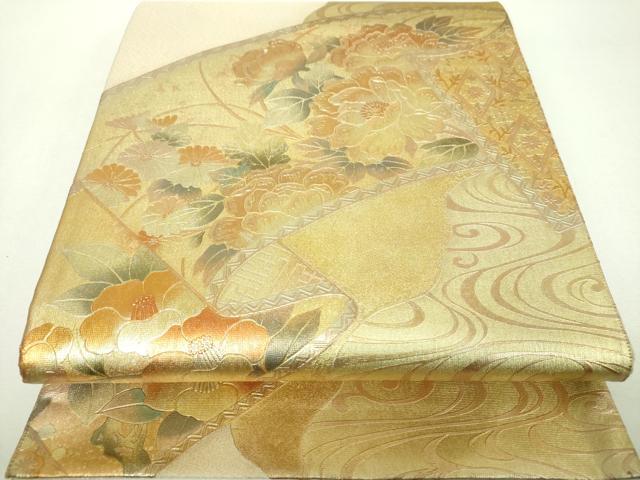 平和屋着物▼綴れ 六通柄袋帯 流水花絵巻 金銀彩 正絹 逸品 DABF7987ps