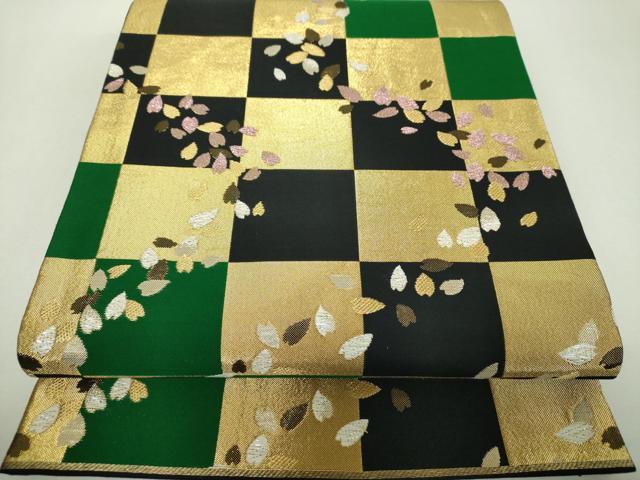 平和屋着物▼六通柄袋帯 市松舞桜 ラメ糸 金糸 正絹 逸品 DABF7988ps
