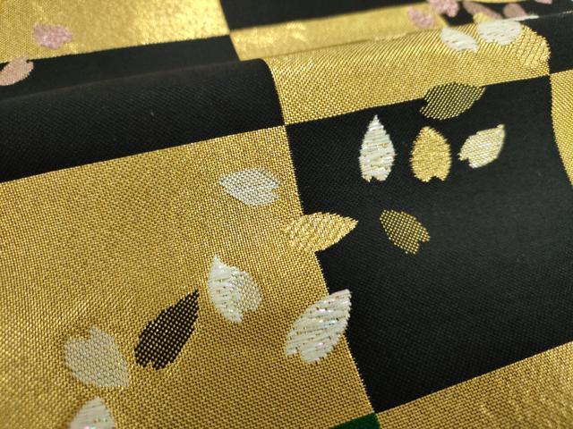 平和屋着物▼六通柄袋帯 市松舞桜 ラメ糸 金糸 正絹 逸品 DABF7988ps
