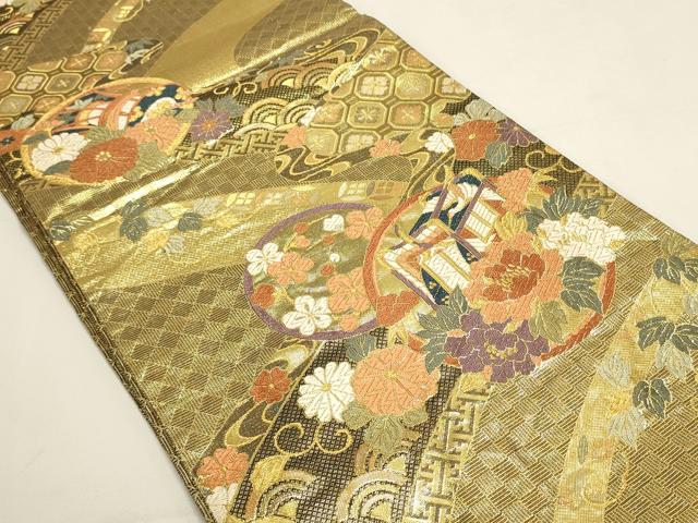 平和屋着物◎佐賀錦 六通柄袋帯 唐織 鼓御所車花文 金糸 正絹 逸品 DABF8010we
