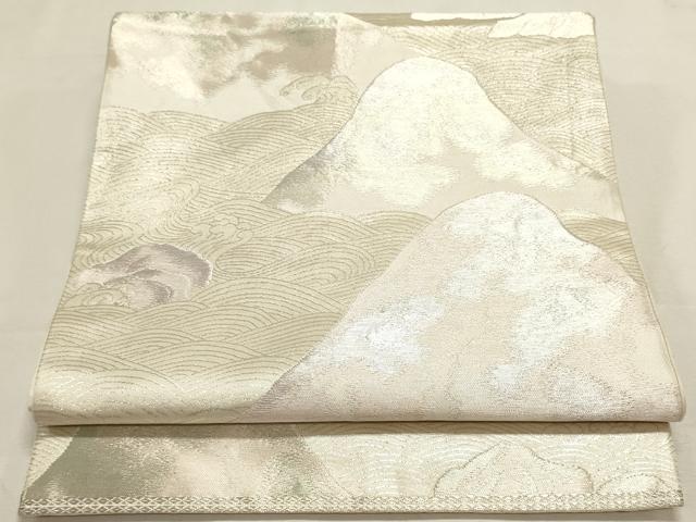 平和屋着物◎六通柄袋帯 遠山立波文 銀糸 正絹 逸品 DABF8023we