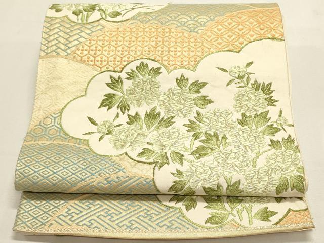 平和屋着物◎六通柄袋帯 唐織 雲取り吉祥花文 銀糸 正絹 逸品 DABF8029we