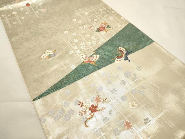 平和屋着物◎太鼓柄袋帯 唐織 舞蝶花文 銀糸 四次元箔 正絹 逸品 DABF8047we