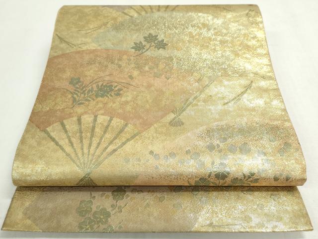 平和屋着物◎六通柄袋帯 扇面草花文 金糸 引箔 正絹 逸品 DABF8308we