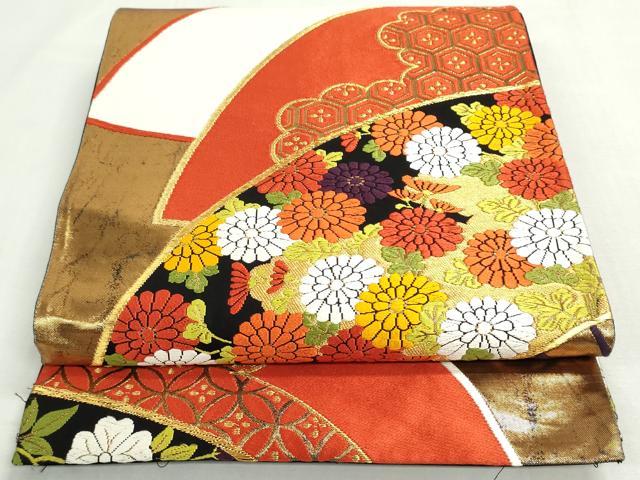 平和屋着物◎六通柄袋帯 唐織 扇面吉祥花文 黒地 金糸 正絹 逸品 DABF8331we