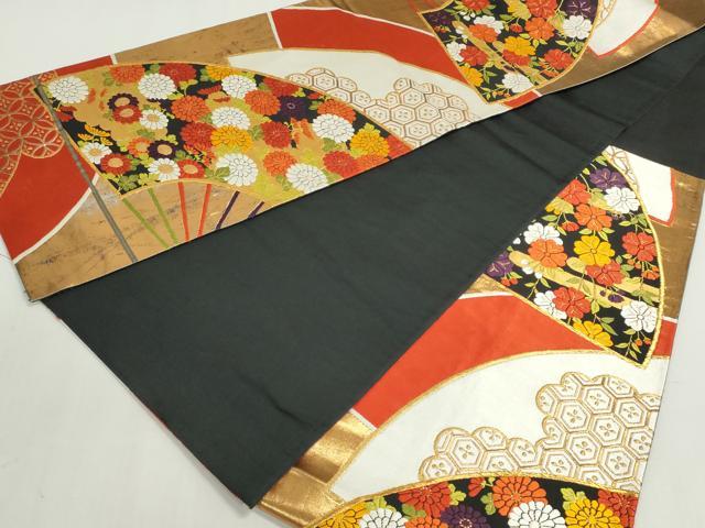 平和屋着物◎六通柄袋帯 唐織 扇面吉祥花文 黒地 金糸 正絹 逸品 DABF8331we
