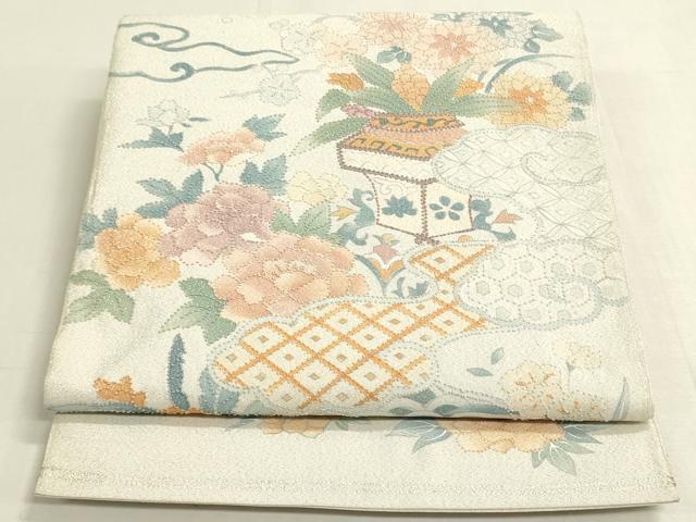 平和屋着物◎綴れ 中国三大刺繍 相良刺繍 太鼓柄袋帯 吉祥飾花文 正絹 逸品 DABF8356we
