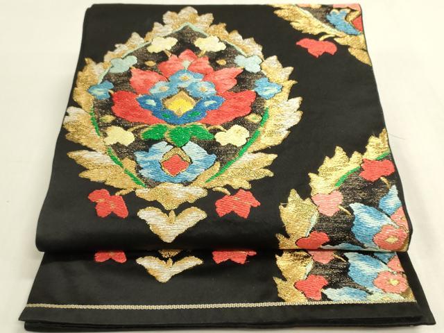 平和屋着物◎六通柄袋帯 更紗花文 黒地 金糸 正絹 逸品 DABF8361we
