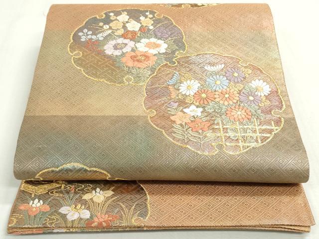 平和屋着物◎佐賀錦 六通柄袋帯 唐織 雪輪草花文 金糸 正絹 逸品 DABF8413we