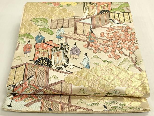 平和屋着物◎六通柄袋帯 寿光織 人物風景花松文 金糸 正絹 逸品 DABF8431we