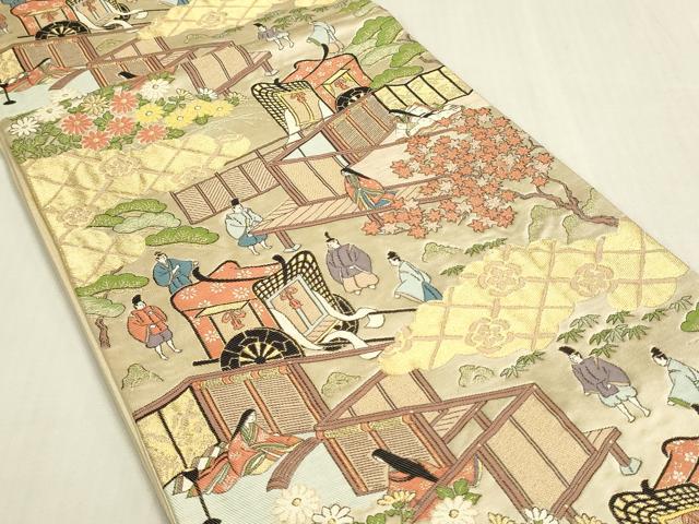 平和屋着物◎六通柄袋帯 寿光織 人物風景花松文 金糸 正絹 逸品 DABF8431we