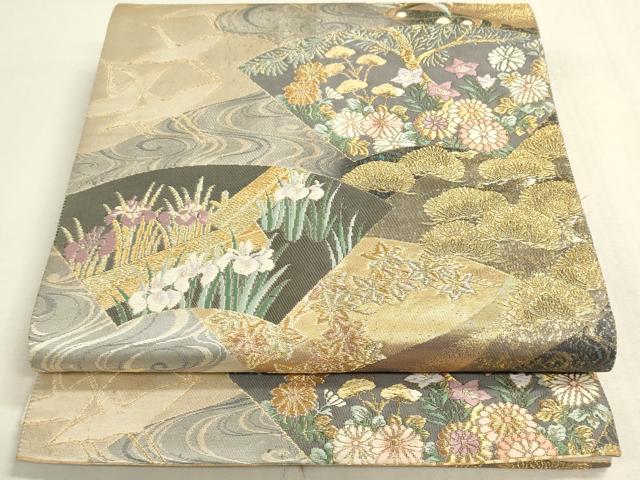 平和屋着物◎六通柄袋帯 飛鶴地紙花松文 金銀糸 引箔 正絹 逸品 DABF8491we