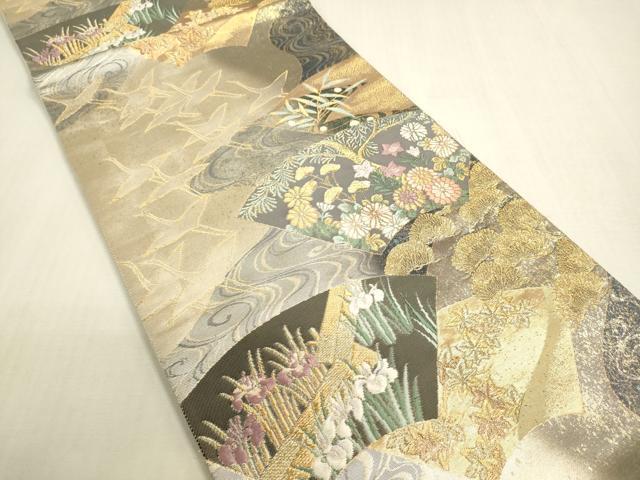 平和屋着物◎六通柄袋帯 飛鶴地紙花松文 金銀糸 引箔 正絹 逸品 DABF8491we
