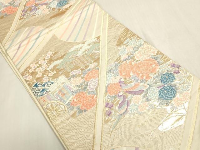 平和屋着物◎六通柄袋帯 扇面御所車花鳥文 金銀糸 正絹 逸品 DABF8498we