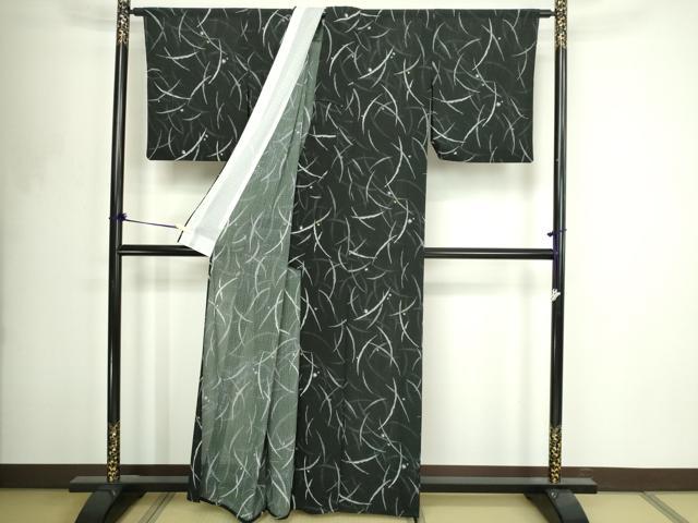 平和屋着物*夏物 小紋 芝文 黒地 絽縮緬 洗える着物 DABF8633sf