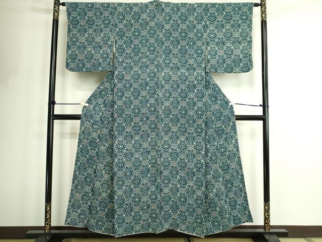 平和屋着物■上質な小紋 型染め 藍 花菱文 正絹 逸品 DABF8708sf