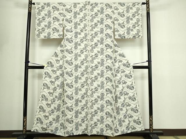 平和屋着物▽上質な小紋 単衣 舞葉文 正絹 逸品 DABF8794sf