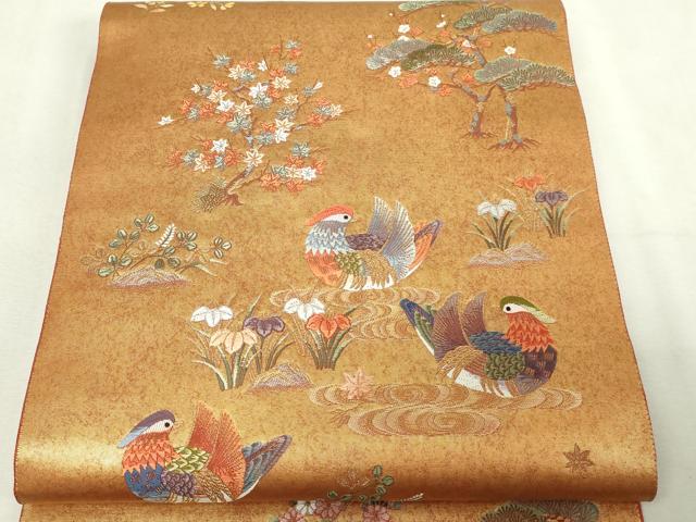 平和屋本店●太鼓柄袋帯 唐織 鴛鴦春秋絵巻 本金箔 金泥箔 正絹 逸品 DABF8870sf