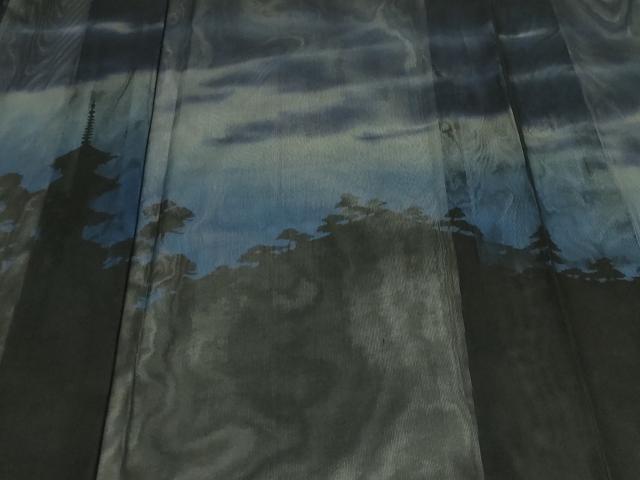 平和屋着物▽訪問着 単衣 無双 風景シルエット 紗袷 紗×紗 暈し染め 黒地 正絹 逸品 DABF8881sf