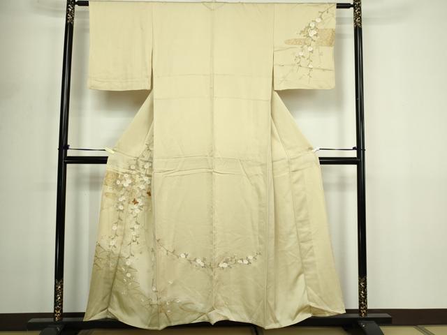 平和屋着物▽訪問着 単衣 駒刺繍 花蝶文 暈し染め 金彩 正絹 逸品 DABF8906sf