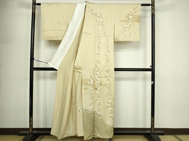 平和屋着物▽訪問着 単衣 駒刺繍 花蝶文 暈し染め 金彩 正絹 逸品 DABF8906sf