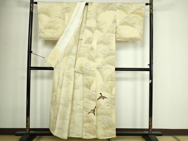 平和屋着物▽訪問着 単衣 作家物 手描き 雀 暈し染め 正絹 逸品 DABF8913sf