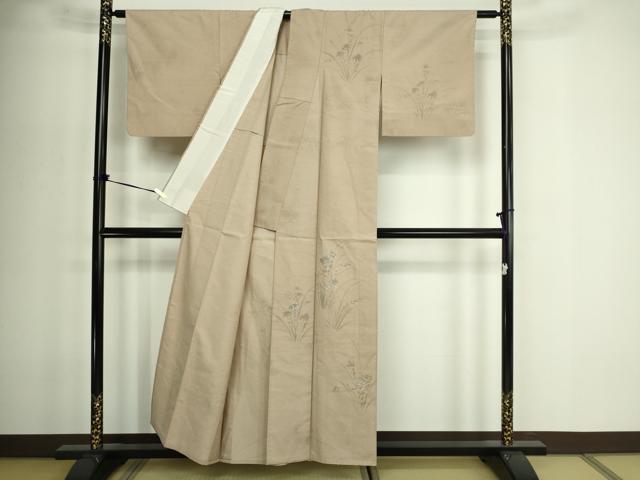 平和屋着物▽訪問着 単衣 紬地 刺繍 草花文 正絹 逸品 DABF8915sf