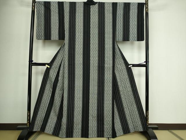 平和屋着物▽上質な紬 単衣 縞 黒地 正絹 逸品 DABF8940sf