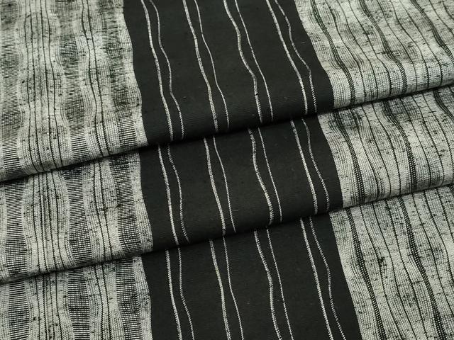 平和屋着物▽上質な紬 単衣 縞 黒地 正絹 逸品 DABF8940sf