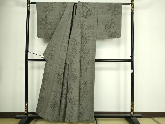 平和屋着物▽上質な紬 単衣 葡萄蔦の葉文 正絹 逸品 DABF8942sf
