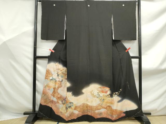平和屋着物■豪華黒留袖 作家物 群れ鶴地紙花文 暈し染め 金銀彩 正絹 逸品 DABF9111qa