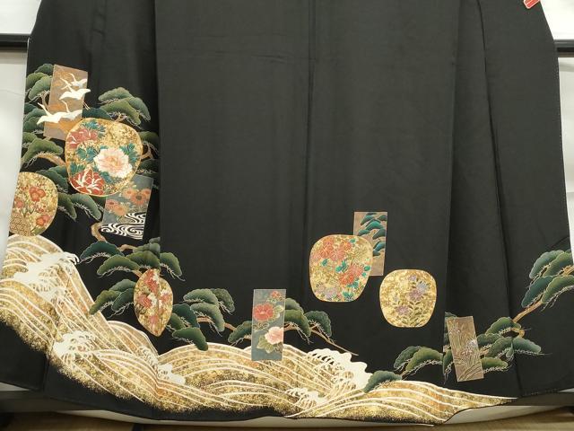 平和屋着物■豪華黒留袖 駒刺繍 飛鶴浜松文 金彩 正絹 逸品 DABF9116qa