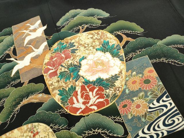 平和屋着物■豪華黒留袖 駒刺繍 飛鶴浜松文 金彩 正絹 逸品 DABF9116qa