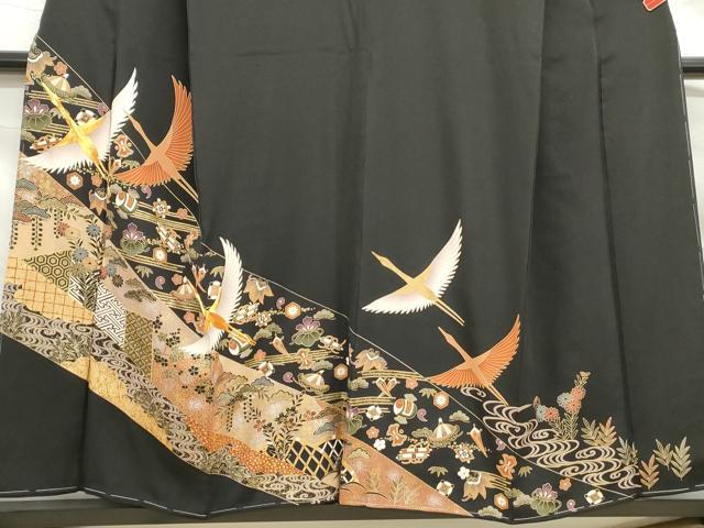 平和屋着物■豪華黒留袖 駒刺繍 宝尽くし群れ鶴文 金銀彩 正絹 逸品 DABF9123qa