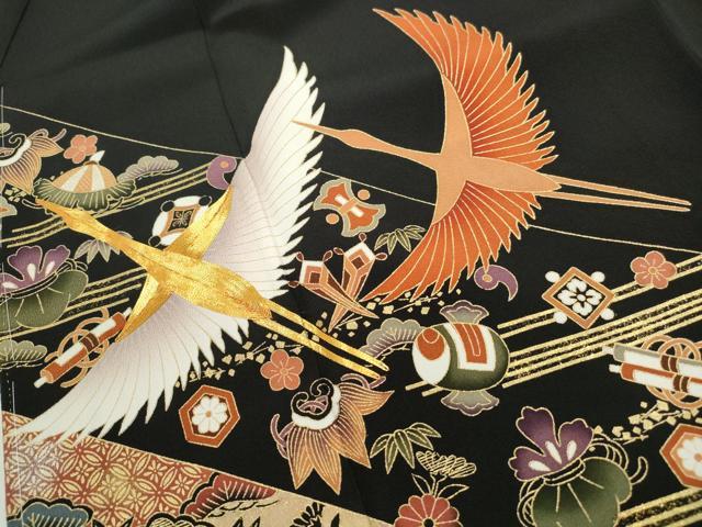 平和屋着物■豪華黒留袖 駒刺繍 宝尽くし群れ鶴文 金銀彩 正絹 逸品 DABF9123qa