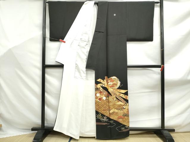 平和屋着物■豪華黒留袖 駒刺繍 束ね熨斗枝松文 金彩 正絹 逸品 DABF9127qa