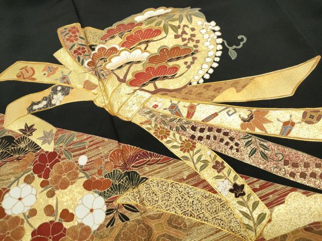 平和屋着物■豪華黒留袖 駒刺繍 束ね熨斗枝松文 金彩 正絹 逸品 DABF9127qa
