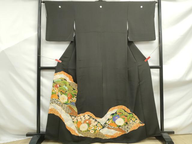 平和屋着物■豪華黒留袖 駒刺繍 枝松花鳥文 金彩 正絹 逸品 DABF9131qa