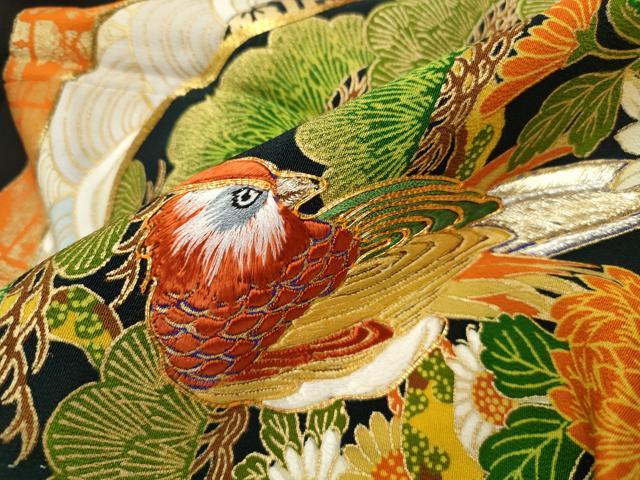平和屋着物■豪華黒留袖 駒刺繍 枝松花鳥文 金彩 正絹 逸品 DABF9131qa