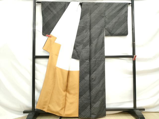 平和屋着物■上質な紬 よろけ縞 十字絣 黒地 正絹 逸品 DABF9245qa