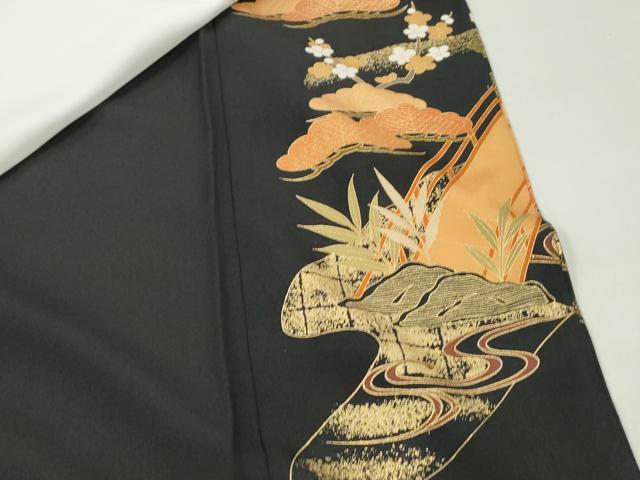 平和屋着物■豪華黒留袖 駒刺繍 渡橋鴛鴦花松文 金彩 正絹 逸品 DABF9262qa