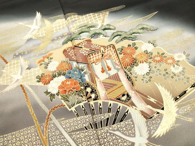 平和屋着物■豪華黒留袖 作家物 檜扇群れ鶴花文 金彩浪漫 暈し染め 金彩 正絹 逸品 DABF9278qa