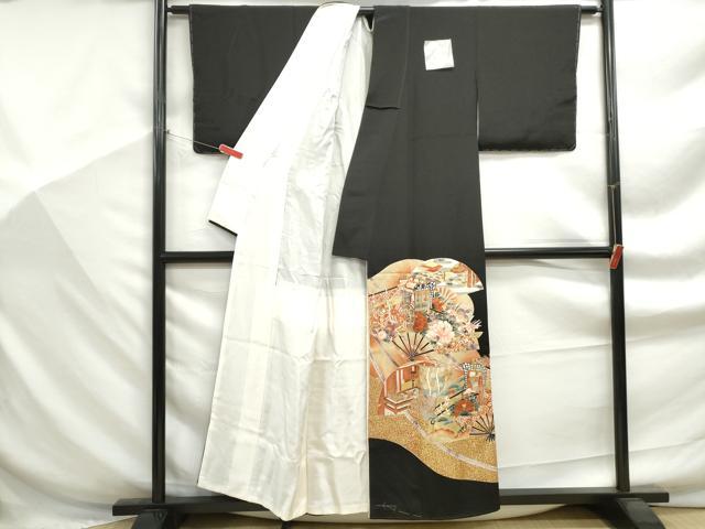 平和屋着物■豪華黒留袖 扇面御所車花文 金彩 正絹 逸品 DABF9300qa
