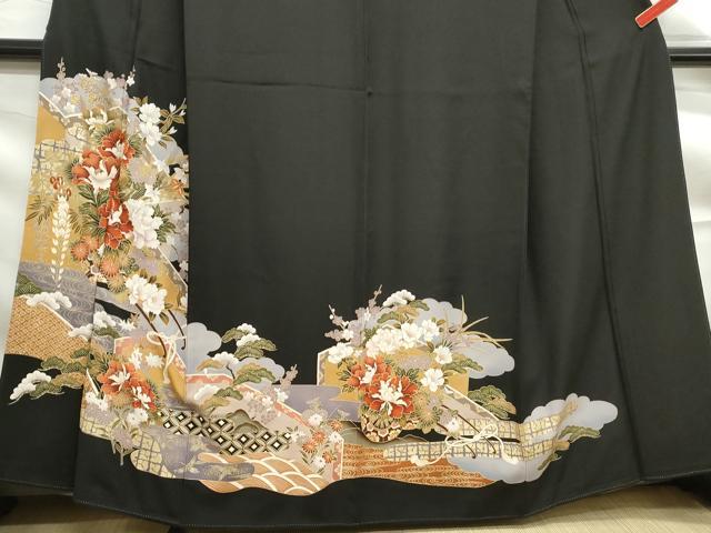 平和屋着物■豪華黒留袖 エ霞花車文 金彩 正絹 逸品 DABF9303qa